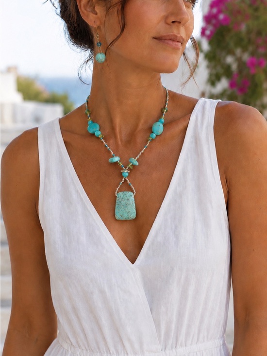 Jewelry - 2-piece Set - Turquoise Stone Pendant Necklace + earrings
